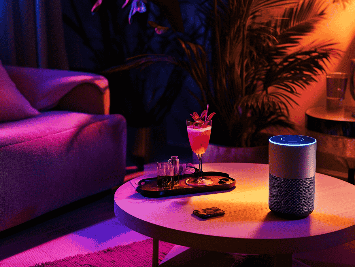 A vibrant, high-resolution image of a cozy yet chic living room with a smart speaker on the coffee table, a lush indoor plant, and a tray of artisanal cocktails - Designer Don